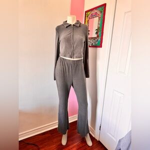 Grey Ribbed Zip Up Cropped Jacket and Flared Pants Set